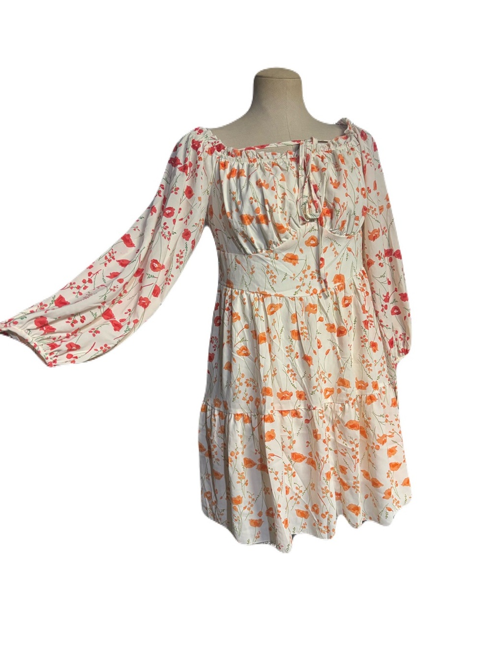SHEIN Cream Floral Peasant Dress with Pink & Orange Print